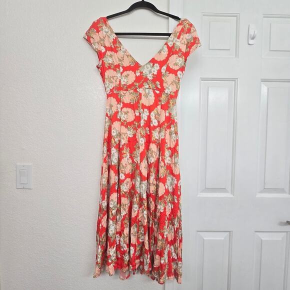 Urban Outfitters Coral Floral Babydoll Midi Dress V-Neck Cap Sleeve Button Sz XS - Picture 4 of 11